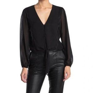 WAYF Lace Trim Knotted Long Sleeve Blouse Black - NWT - Size Medium